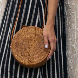 Bali Round Rattan Crossbody Bag with Leather Strap